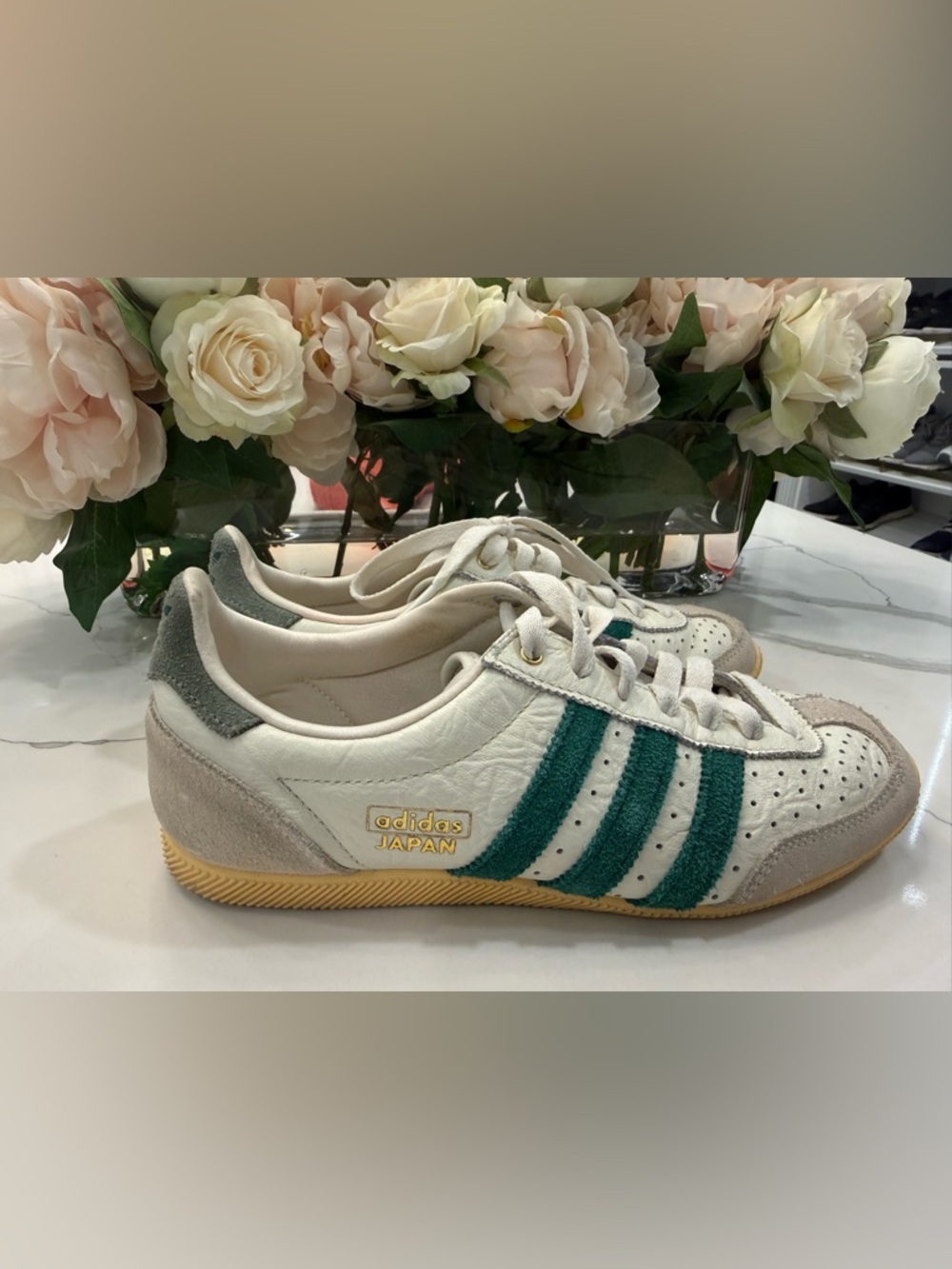 adidas Japan Leather Sneakers in White and Green with Gum Sole